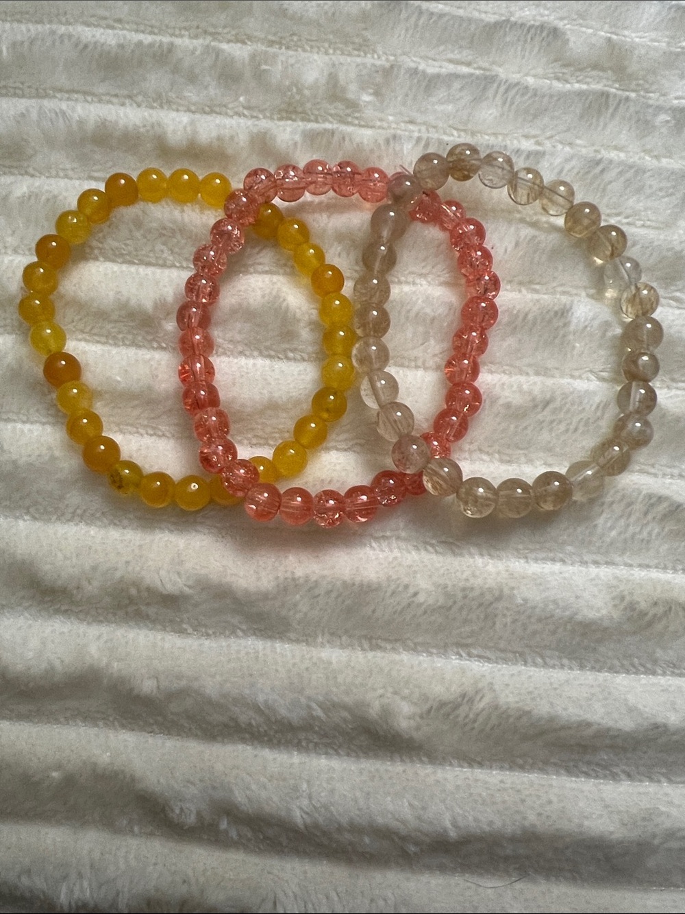 Three-Piece Beaded Bracelet- Yellow Jade, Cherry quartz & Clear Rutilated Quartz